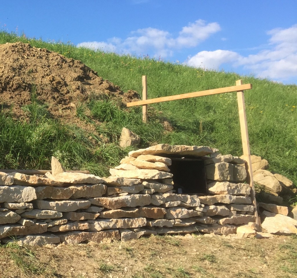 Wiedehopfkasten in Natursteinmauer integriert, Sommer 2018