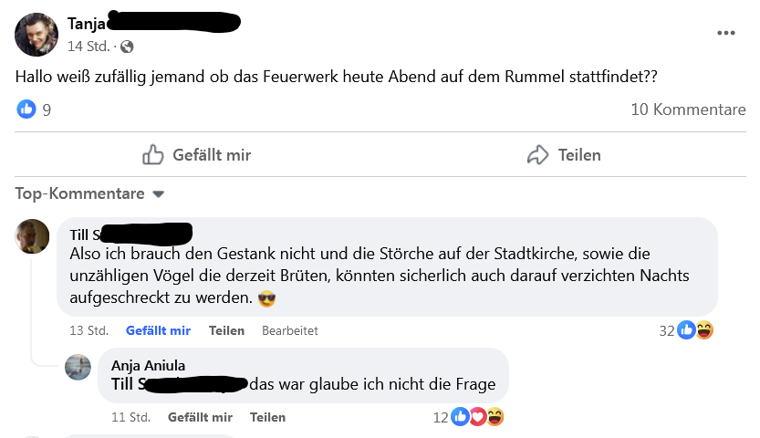 Facebook-Unterhaltung zum Thema &quot;Feuerwerk&quot;