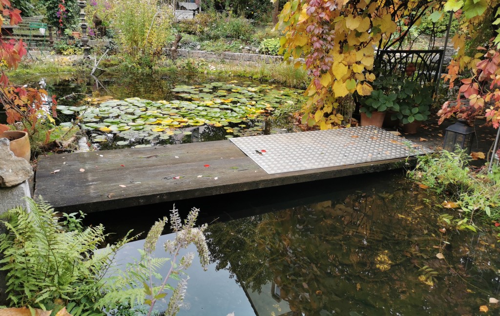 Herbst 2020, auch der Brettersteg zum Pergola-Sitzplatz ist baufällig geworden.